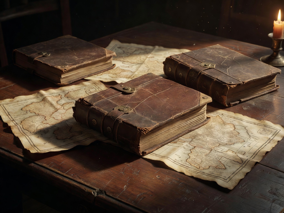 Ancient leather-bound maps and guild books resting on a dark wooden table